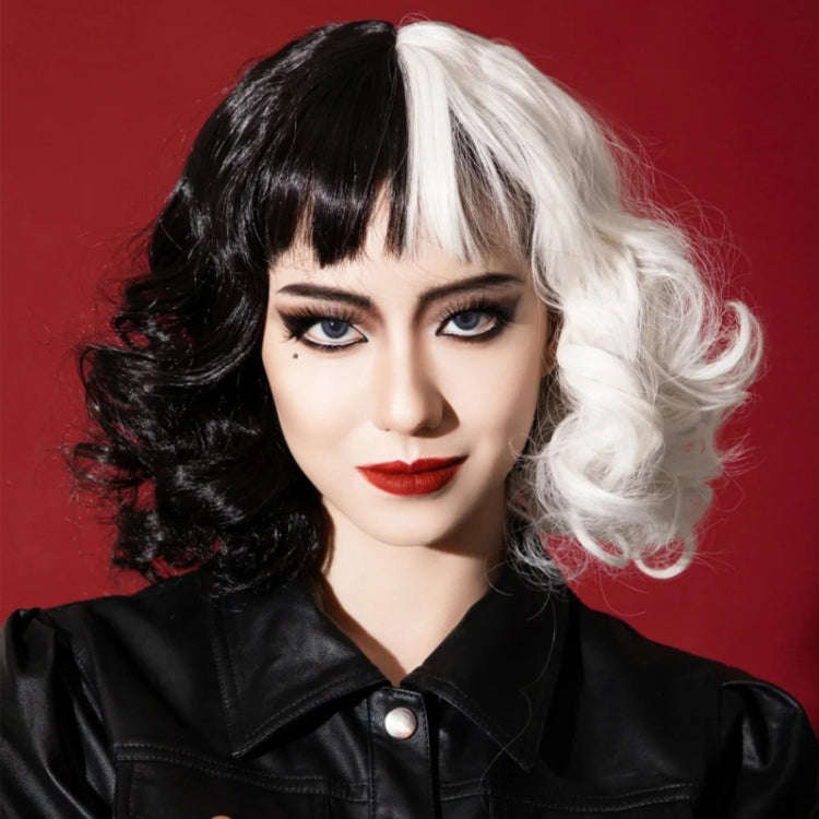 Cosplay Cool Wigs Natural Breathable Head Cover Ladies Short Curl Wig Hat(Black White)