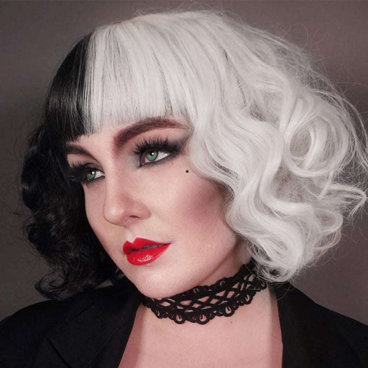 Cosplay Cool Wigs Natural Breathable Head Cover Ladies Short Curl Wig Hat(Black White)