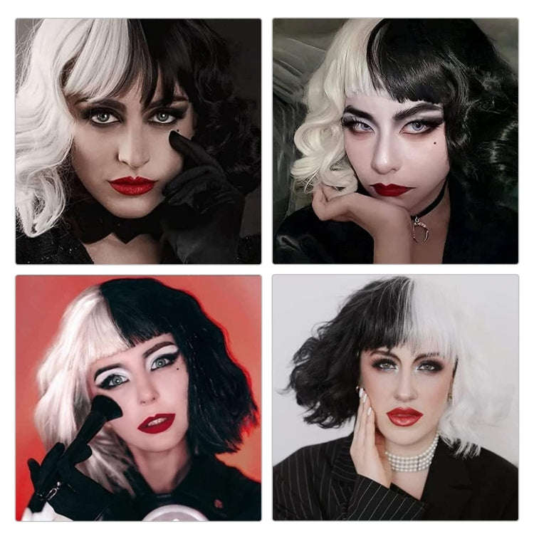 Cosplay Cool Wigs Natural Breathable Head Cover Ladies Short Curl Wig Hat(Black White)