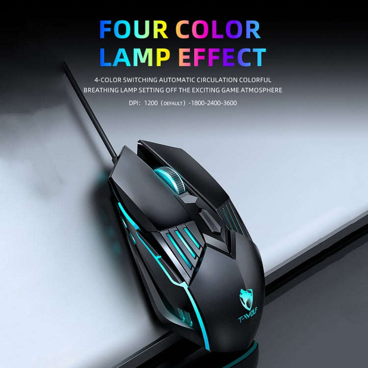 T-WOLF G560 6-keys Cool Breathing Light Gaming Wired Mouse Mechanical Office Silent Mouse(Black)