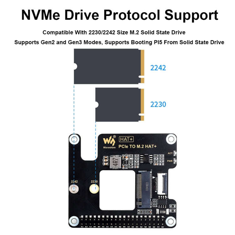 Waveshare For Raspberry Pi 5 PCIe To M.2 Adapter, NVMe Protocol M.2 SSD Basic Kit