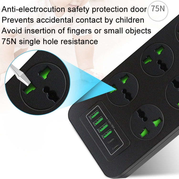 Thunderproof Overload Protection 4USB+2PD+6 Holes Socket, Color: Black EU Plug