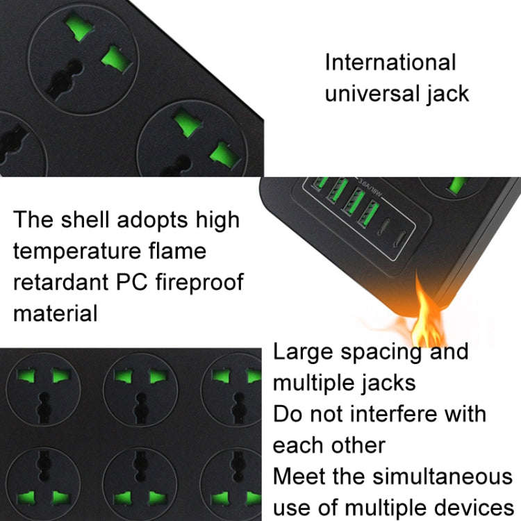 Thunderproof Overload Protection 4USB+2PD+6 Holes Socket, Color: Black EU Plug