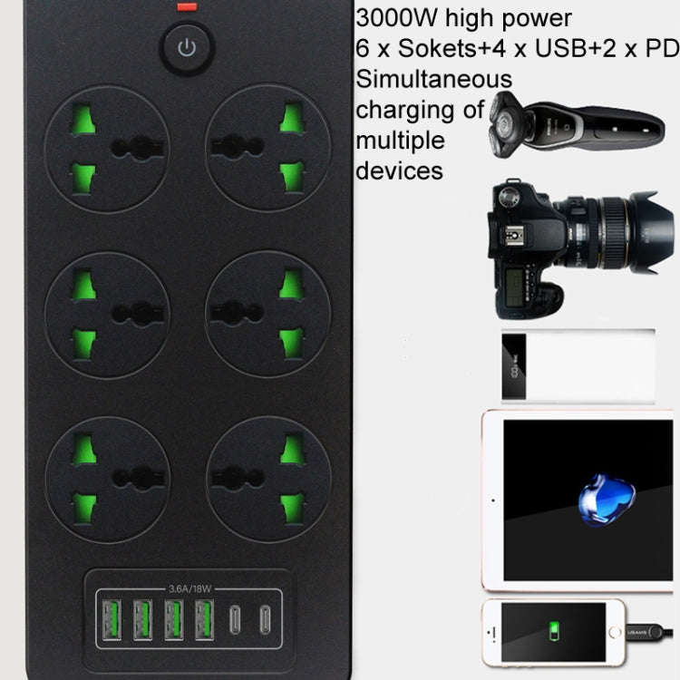 Thunderproof Overload Protection 4USB+2PD+6 Holes Socket, Color: White EU Plug
