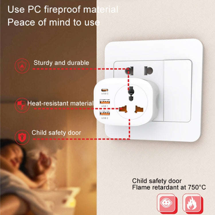 Universal Converter Plug 2USB+Type-C Smart Converter Socket US Plug(White)