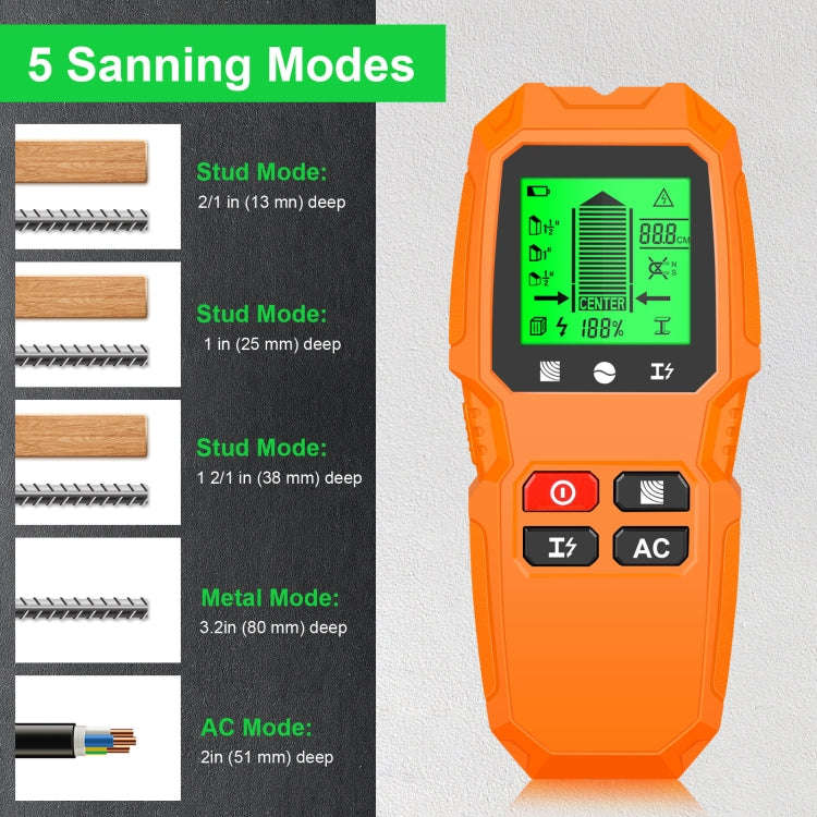 HW-QB6 5 In 1 Wall Scanner Handheld Stud Finder Wood Current Metal Live Wires Detection(Black)