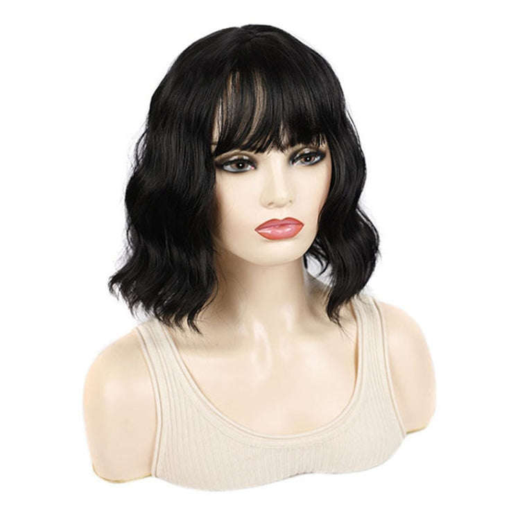 Water Wave Ripple Short Curly Hair With Bangs Fluffy Wig Headcovers, Color: Natural Black