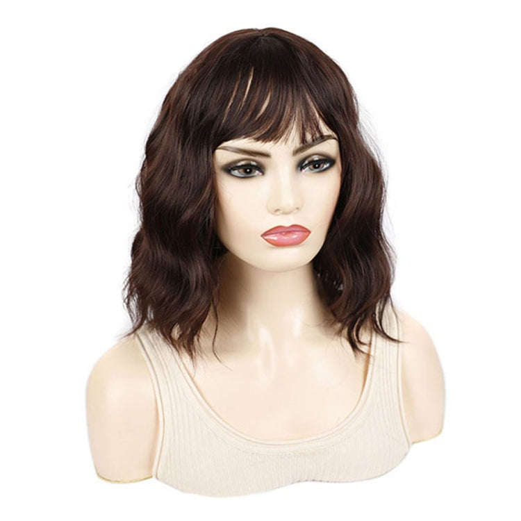 Water Wave Ripple Short Curly Hair With Bangs Fluffy Wig Headcovers, Color: Chestnut Color
