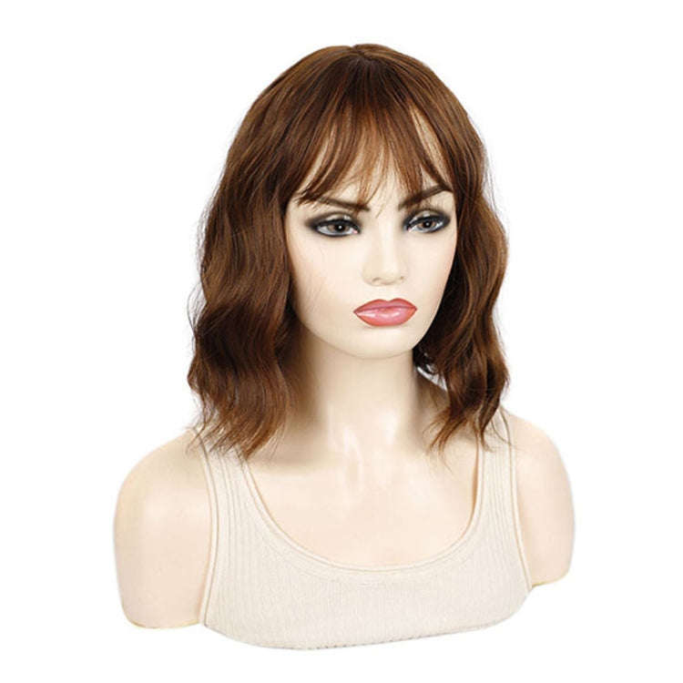Water Wave Ripple Short Curly Hair With Bangs Fluffy Wig Headcovers, Color: Flaxen Color