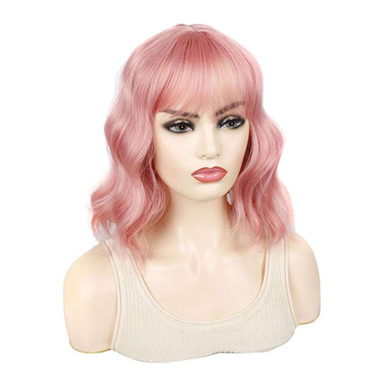 Water Wave Ripple Short Curly Hair With Bangs Fluffy Wig Headcovers, Color: Pink