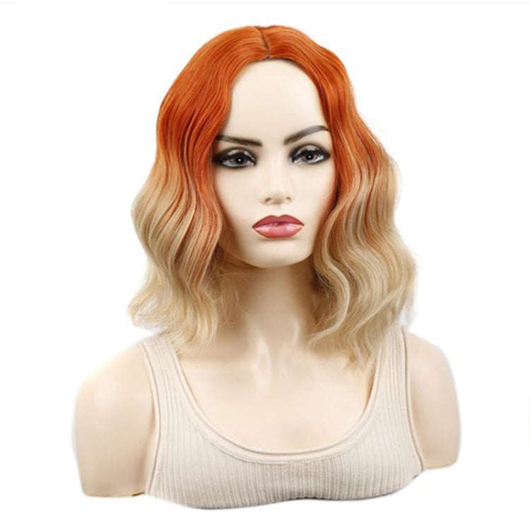 Water Wave Ripple Short Curly Hair With Bangs Fluffy Wig Headcovers, Color: Orange Red Brown