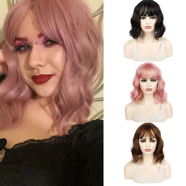 Water Wave Ripple Short Curly Hair With Bangs Fluffy Wig Headcovers, Color: Flaxen Color