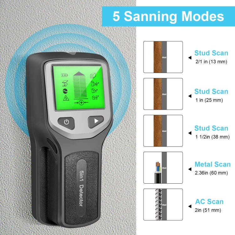 HLW330 5-in-1 Wall Stud Detector Edge Center Wood Current Metal AC Wires Detection(Black)