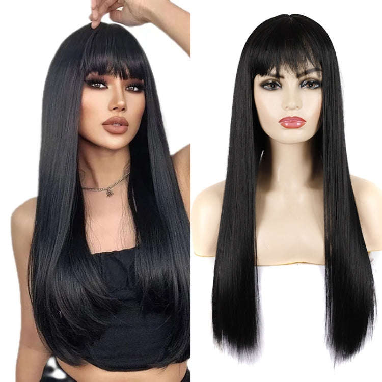 Dynamic Long Straight Hair With Messy Bangs Wig Headcover(Orange Red)