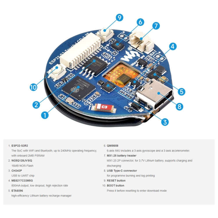 Waveshare 26959 ESP32-S3 1.28inch LCD Development Board, 32-Bit LX7 Dual-Core Processor With Touch