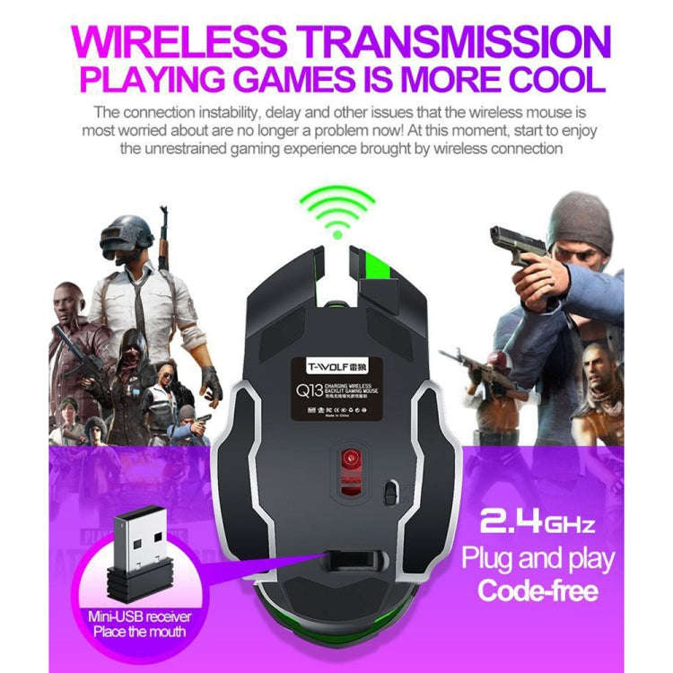 T-WOLF Q13 2.4GHz 6-keys RGB Colorful Light Gaming Wireless Mouse, Color: Single Mode White