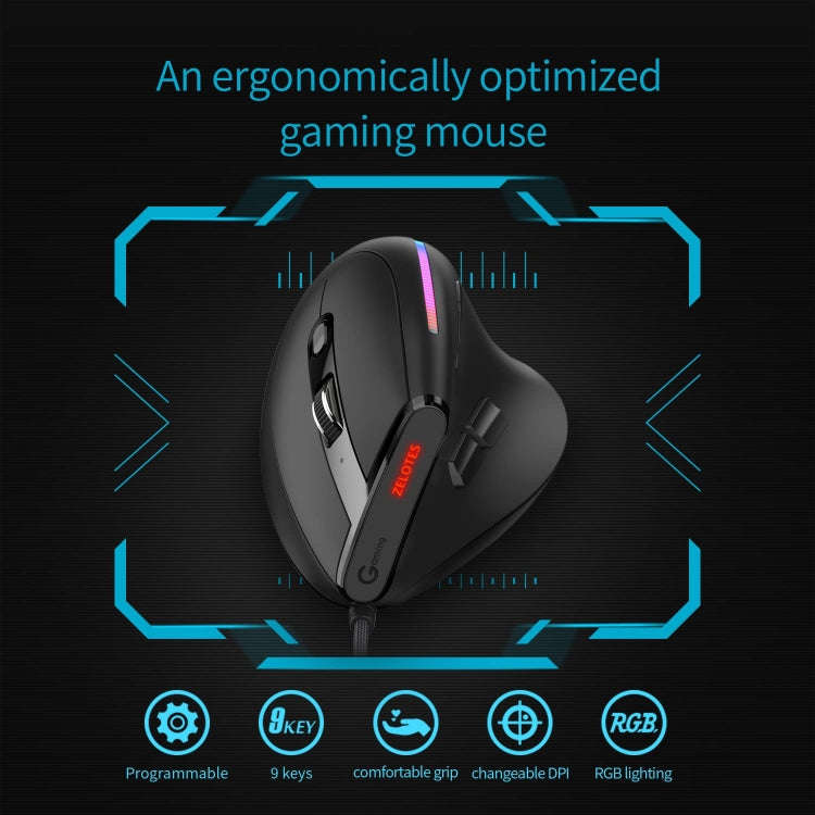 ZELOTES T50 9-Keys RGB Lighting Effect Vertical Grip Ergonomic Programming Wired Mouse(Black)