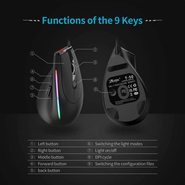 ZELOTES T50 9-Keys RGB Lighting Effect Vertical Grip Ergonomic Programming Wired Mouse(Black)