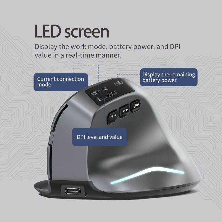 ZELOTES F-26C 8-Keys 2.4G+Bluetooth Dual-Mode LED Display Vertical Grip Wireless Mouse(Gray)
