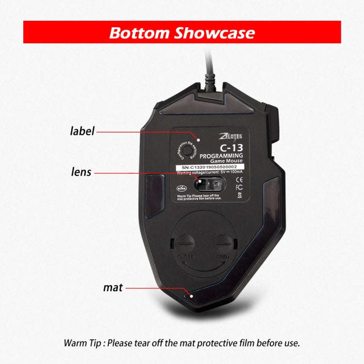 ZELOTES C13 13-keys RGB Lighting Effect Programming Macro Custom Gaming Wired Mouse(Black)