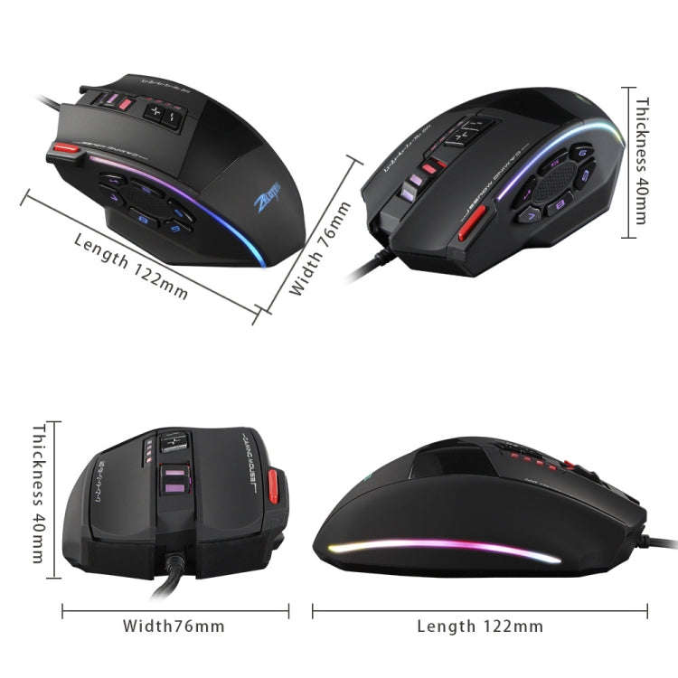 ZELOTES C13 13-keys RGB Lighting Effect Programming Macro Custom Gaming Wired Mouse(Black)
