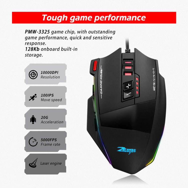 ZELOTES C13 13-keys RGB Lighting Effect Programming Macro Custom Gaming Wired Mouse(Black)