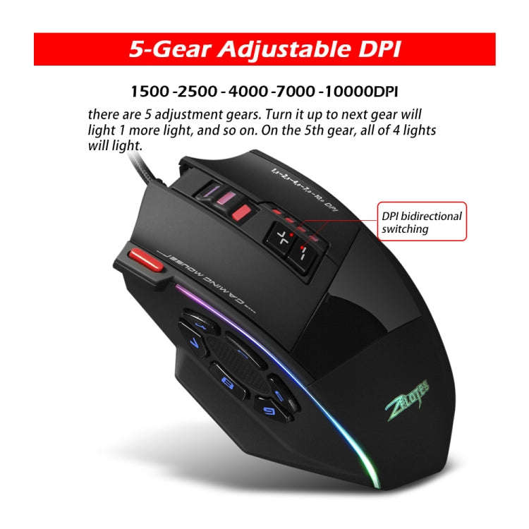 ZELOTES C13 13-keys RGB Lighting Effect Programming Macro Custom Gaming Wired Mouse(Black)
