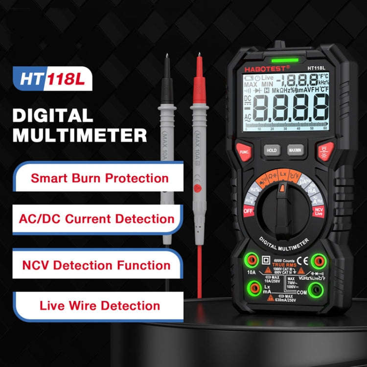 HABOTEST HT118L Mini High Precision Intelligent Anti-Burning Electrician Multimeter(Black)