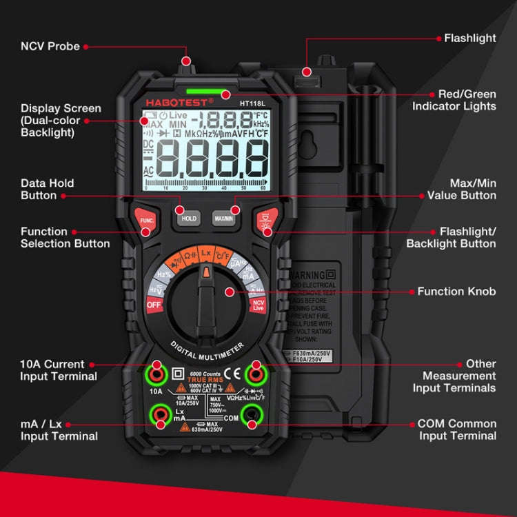 HABOTEST HT118L Mini High Precision Intelligent Anti-Burning Electrician Multimeter(Black)