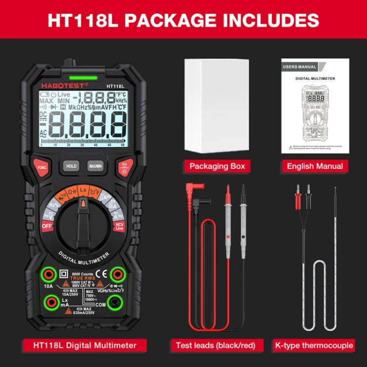 HABOTEST HT118L Mini High Precision Intelligent Anti-Burning Electrician Multimeter(Black)
