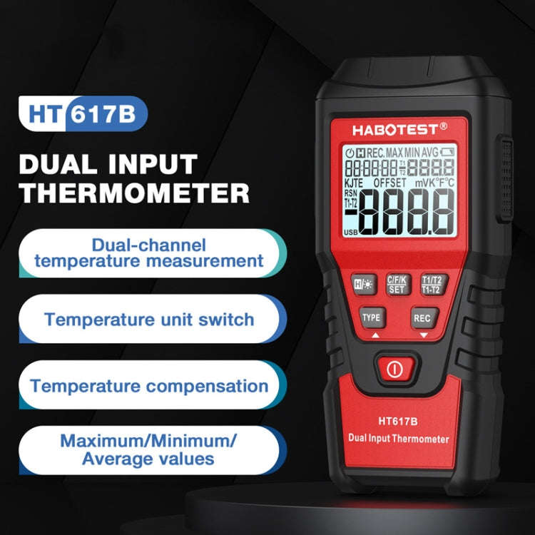 HABOTEST HT617B Digital Dual Channel Thermocouple Thermometer(Black Red)