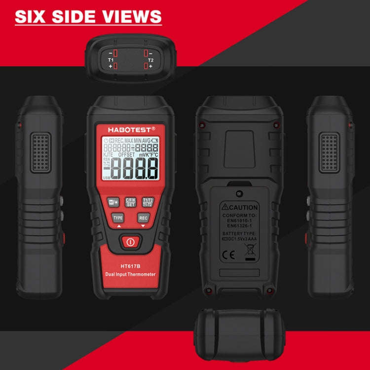 HABOTEST HT617B Digital Dual Channel Thermocouple Thermometer(Black Red)
