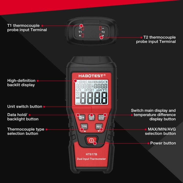 HABOTEST HT617B Digital Dual Channel Thermocouple Thermometer(Black Red)