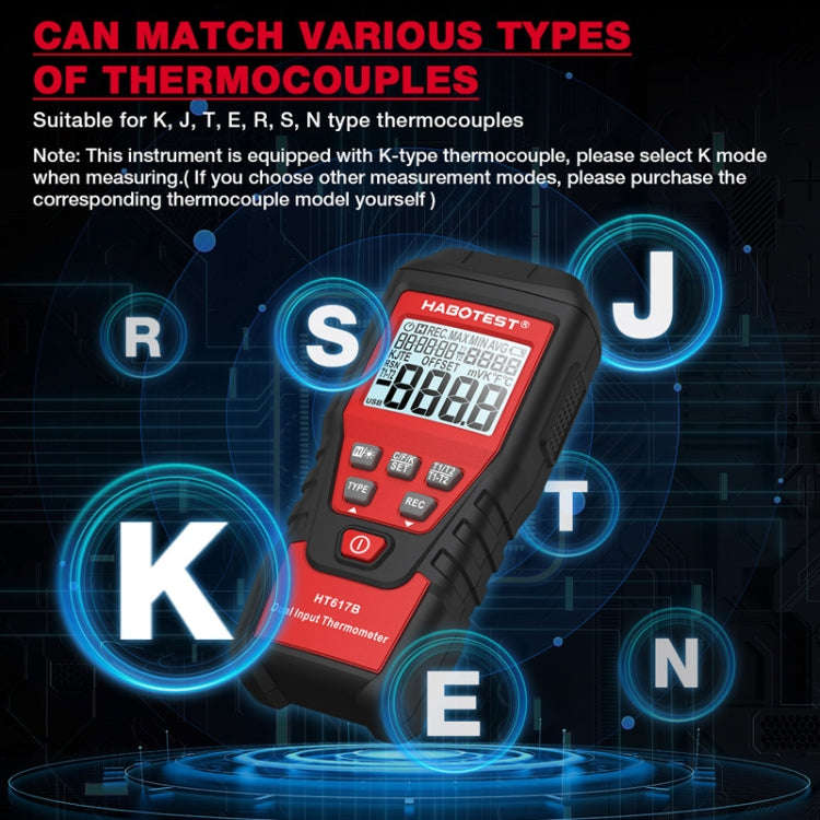 HABOTEST HT617B Digital Dual Channel Thermocouple Thermometer(Black Red)