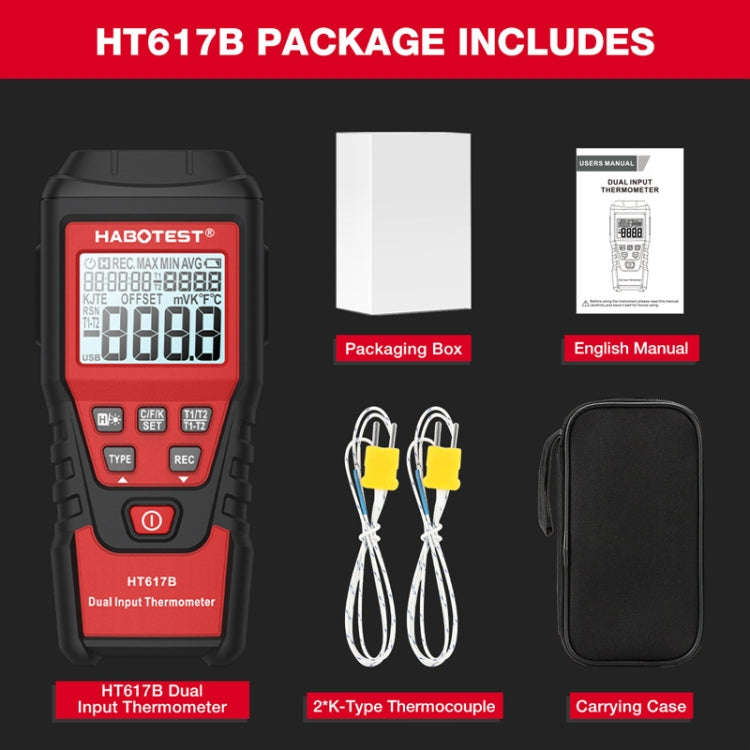 HABOTEST HT617B Digital Dual Channel Thermocouple Thermometer(Black Red)