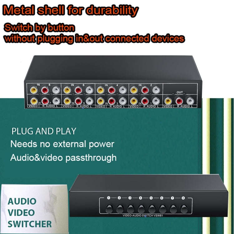 VSW81 AV 8 In 1 Out Audio and Video Switcher RCA Switch Splitter(Black)