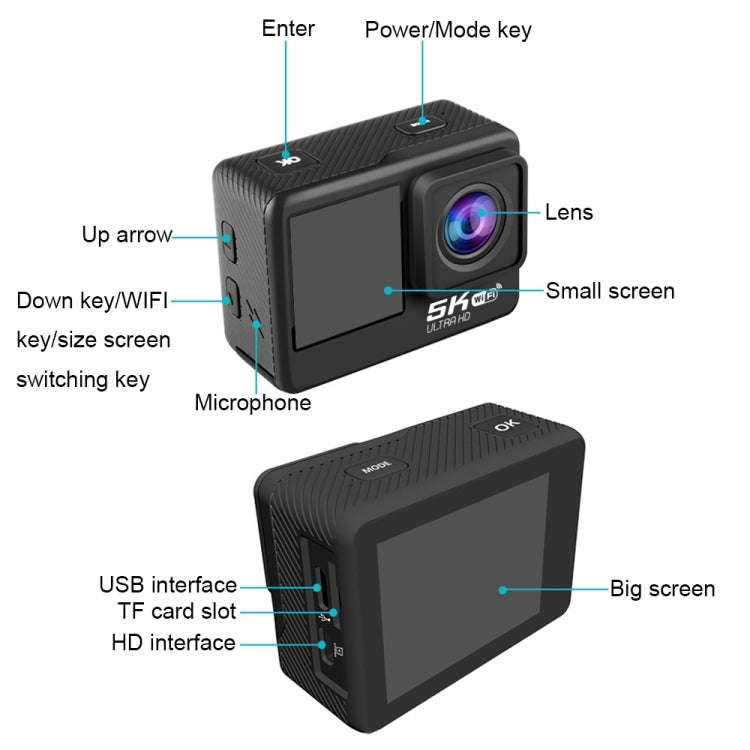 5K/30FPS WIFI HD Anti-Shake Remote Touch Dual-Screen IP68 Waterproof Sports Camera(Microphone Ver...