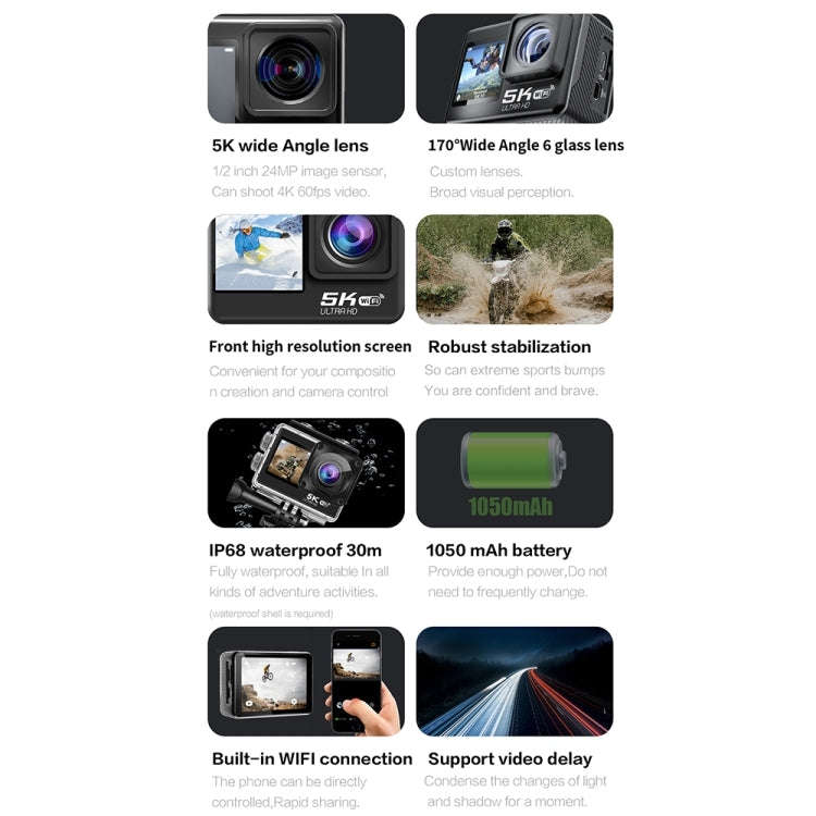5K/30FPS WIFI HD Anti-Shake Remote Touch Dual-Screen IP68 Waterproof Sports Camera(Microphone Ver...