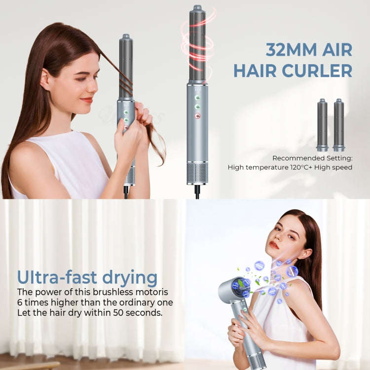 5 in 1 Hot Air Comb Automatic Curling Negative Ion Hair Dryer, Color: Gray EU Plug