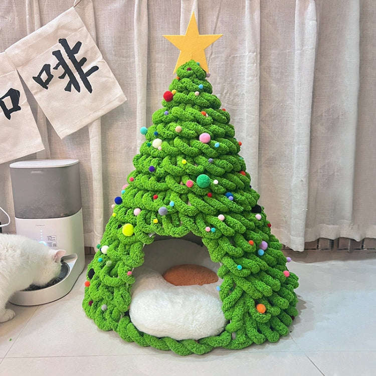 Christmas Tree Cat Nest Handmade DIY Yarn Material Kit Woolen Winter Warm Dog Kennel(Green)