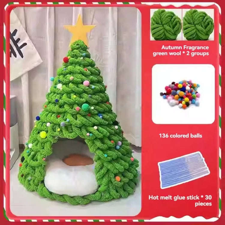 Christmas Tree Cat Nest Handmade DIY Yarn Material Kit Woolen Winter Warm Dog Kennel(Green)