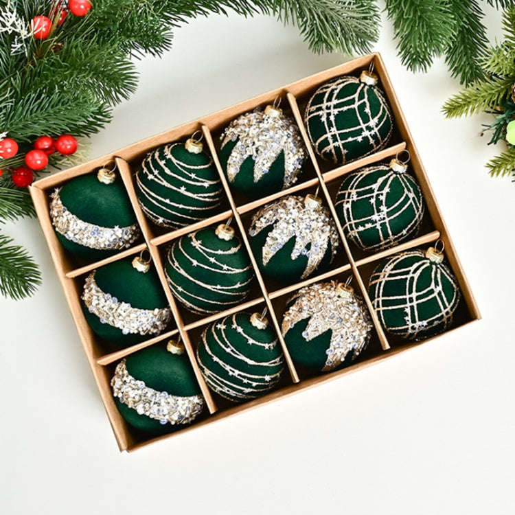 12pcs /Box 6cm Diamond Flocked Christmas Balls Painted Christmas Tree Ornaments(Dark Green)