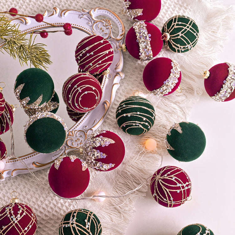 12pcs /Box 6cm Diamond Flocked Christmas Balls Painted Christmas Tree Ornaments(Dark Green)
