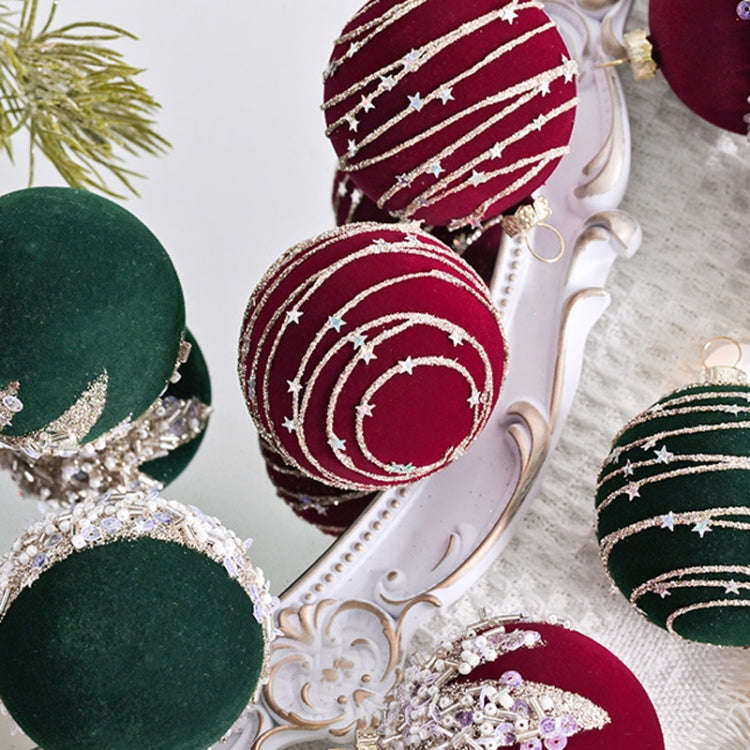 12pcs /Box 6cm Diamond Flocked Christmas Balls Painted Christmas Tree Ornaments(Dark Green)