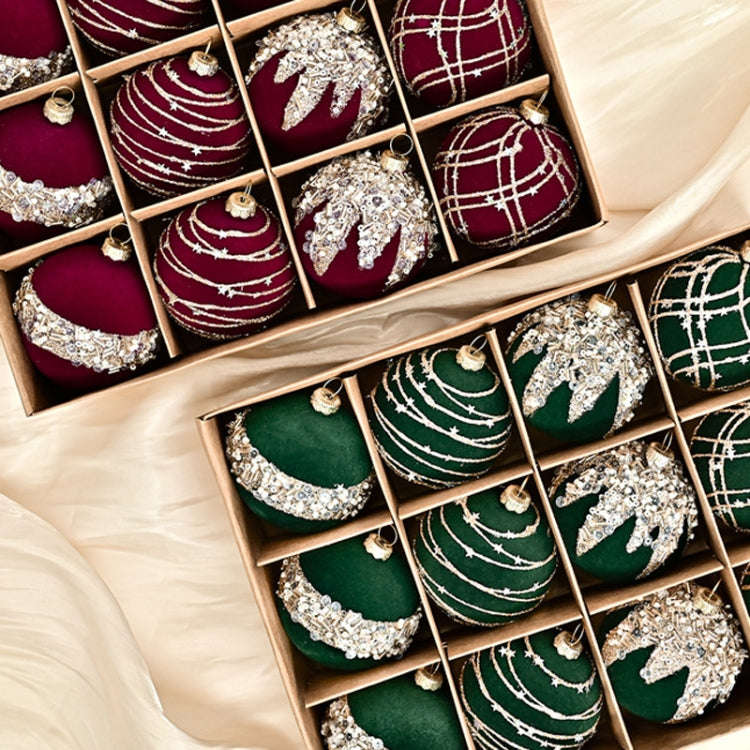 12pcs /Box 6cm Diamond Flocked Christmas Balls Painted Christmas Tree Ornaments(Dark Green)