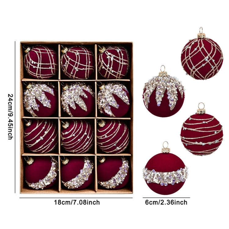 12pcs /Box 6cm Diamond Flocked Christmas Balls Painted Christmas Tree Ornaments(Dark Green)