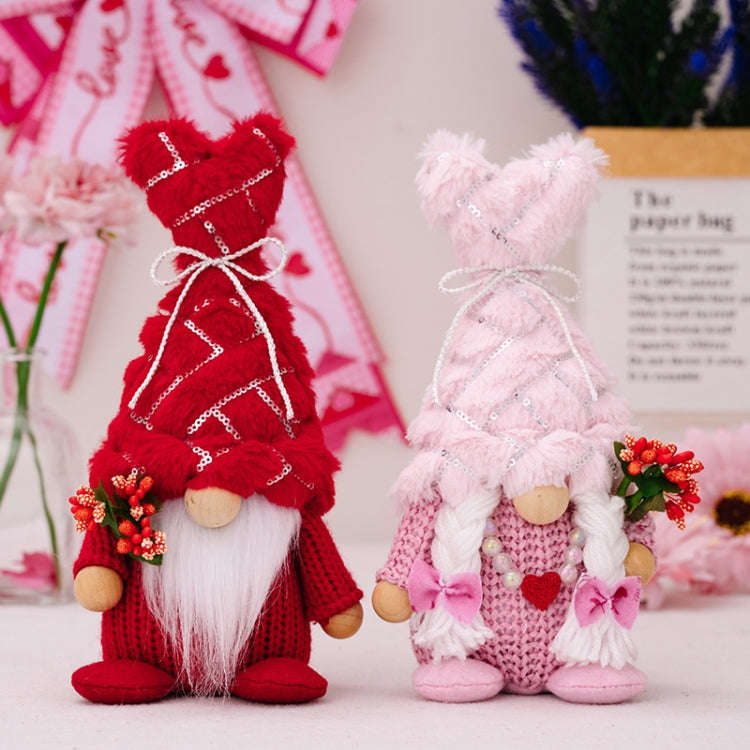 Christmas Love Pompom Hat Standing Figure Valentine Day Forest Doll Decoration(Pink Female)