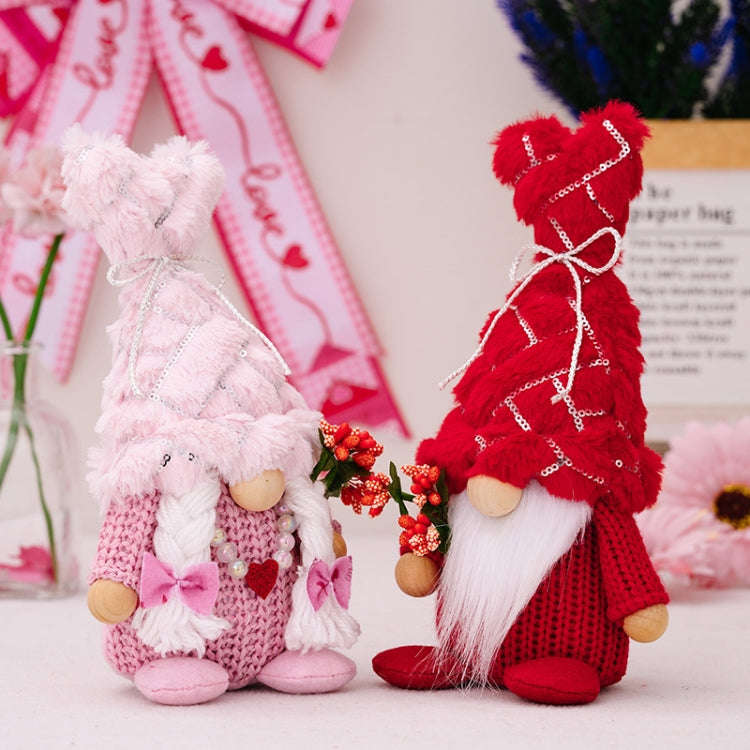 Christmas Love Pompom Hat Standing Figure Valentine Day Forest Doll Decoration(Pink Female)