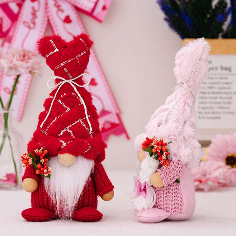 Christmas Love Pompom Hat Standing Figure Valentine Day Forest Doll Decoration(Pink Female)