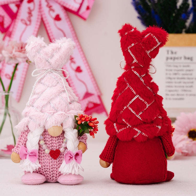 Christmas Love Pompom Hat Standing Figure Valentine Day Forest Doll Decoration(Pink Female)